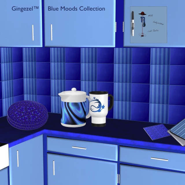 Staging a blue stripe tile kitchen. Tile is Gingezel at Zazzle